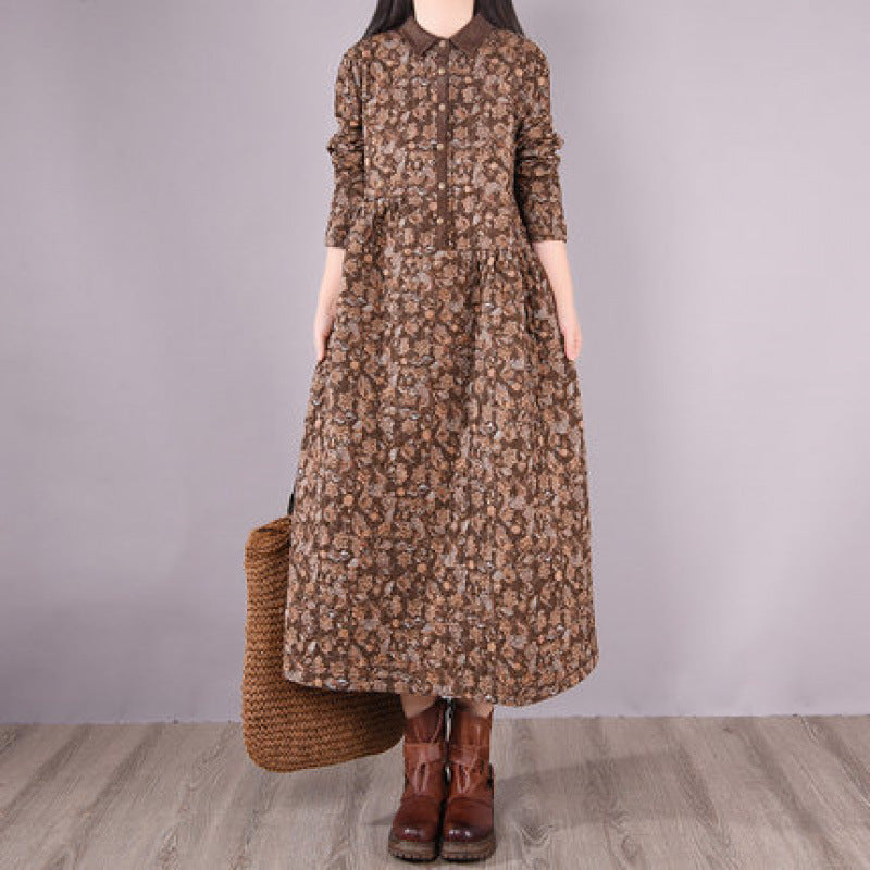 Winter Linen Shirt Collar Long Sleeves Floral Printed Cotton-In Dress