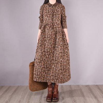 Winter Linen Shirt Collar Long Sleeves Floral Printed Cotton-In Dress
