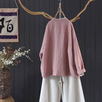 Autumn Linen Chinese Round Neck Frog Button Loose Shirt