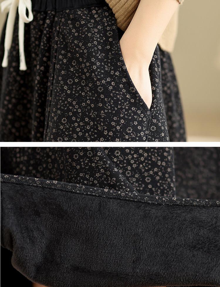 Babakud Women Winter Vintage Printed Floral Fleece-Lined Casual Skirt