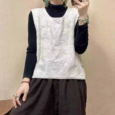 Autumn Retro Linen Embroidered Round Neck Vest