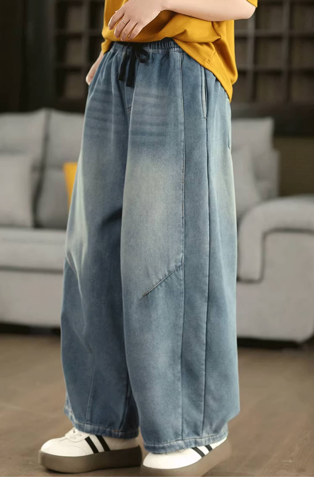 Vaqueros retro de invierno lavados, gruesos y afelpados, informales, con cordones