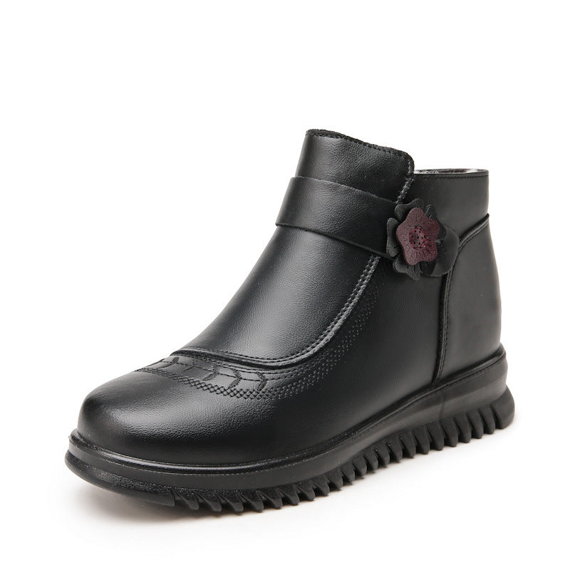Babakud Women Winter Vintage Leather Flower Wool Short Boots