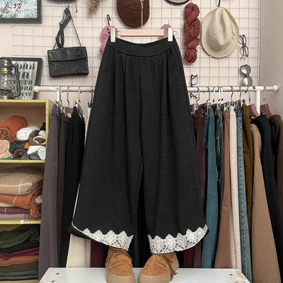 Winter Wool Cotton Warm Lace Patchwork Elastic Waist Pants