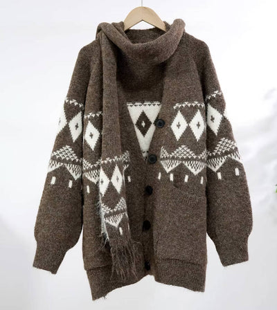 Winter Retro Coffee Jacquard Knitted V-Neck Thick Loose Sweater