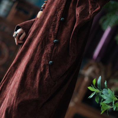 Retro Autumn Plus Size Cotton Stand Collar Red Long Dress