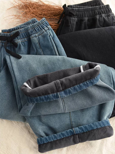 Vaqueros retro de invierno lavados, gruesos y afelpados, informales, con cordones