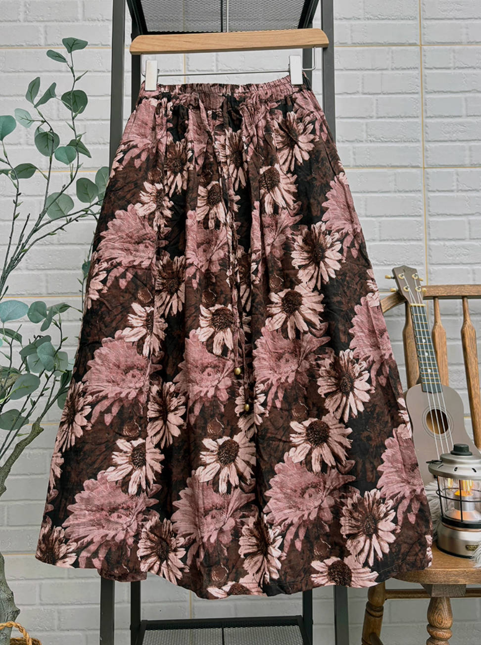 Vintage Cotton Retro Floral A-Line Loose Elastic Waist Thick Dress