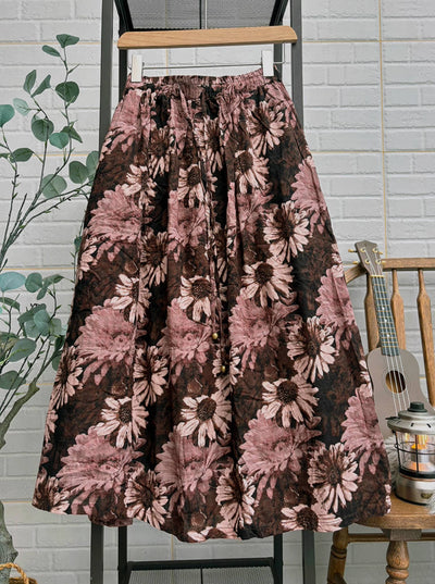 Vintage Cotton Retro Floral A-Line Loose Elastic Waist Thick Dress