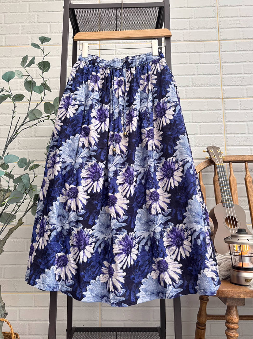 Vintage Cotton Retro Floral A-Line Loose Elastic Waist Thick Dress