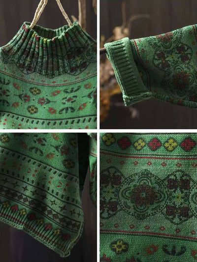 Winter Cotton Warm High Neck Printed Loose Plus Size Sweater