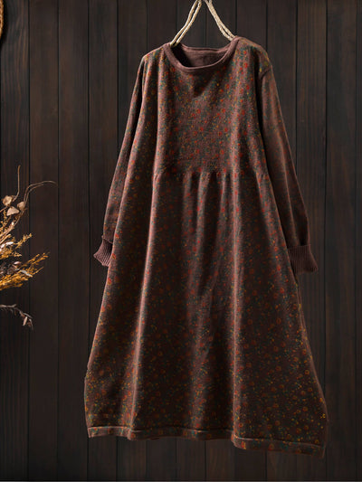 Retro Cotton Round Neck Floral Printed Loose Long Sleeves Dress
