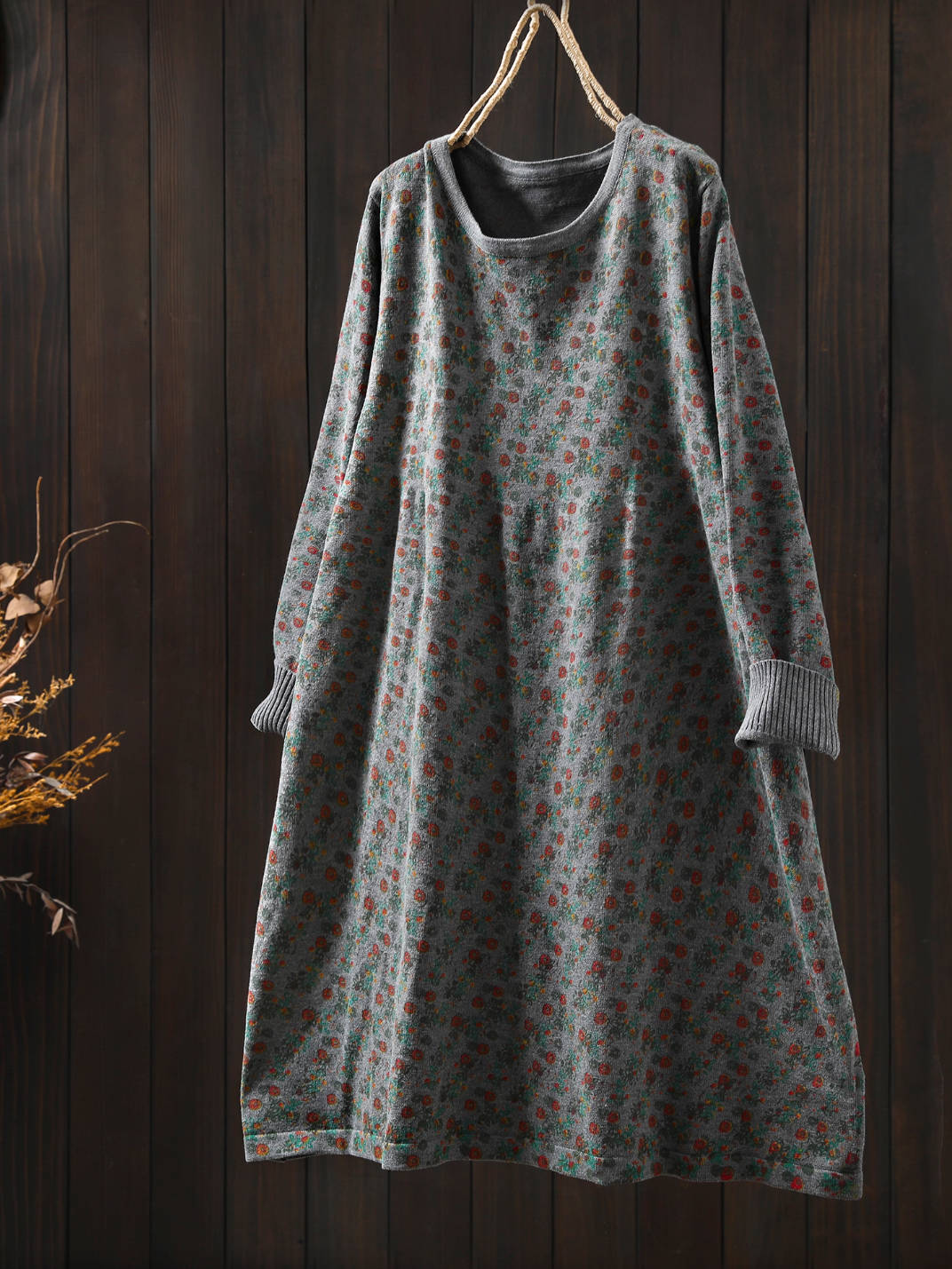 Retro Cotton Round Neck Floral Printed Loose Long Sleeves Dress