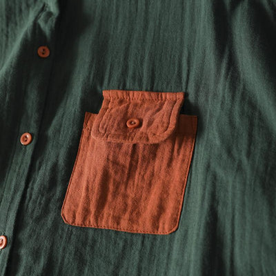 Women Spring Retro Colorblock Pocket Cotton Blouse