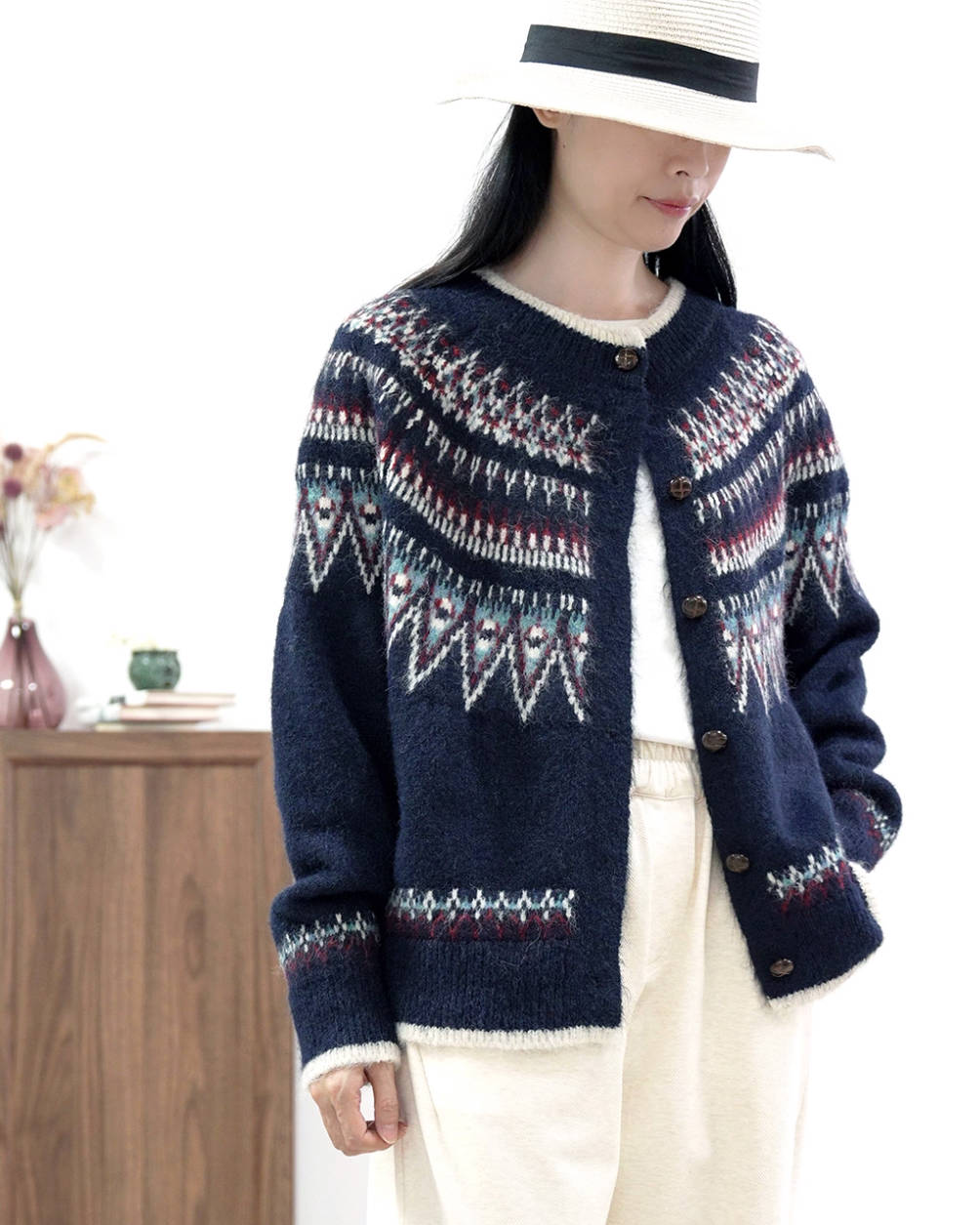 Winter Retro Blue Warm Round Neck Jacquard Knitted Loose Sweater