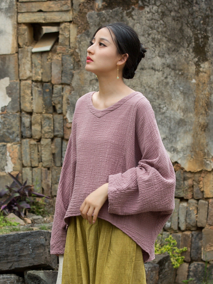 Solid Color Retro Cotton V-Neck Loose Textured Breathable Top