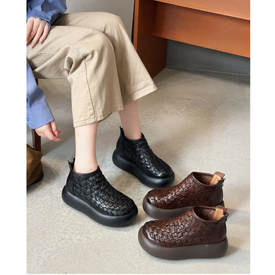 Fashionable Leather Round Toe Platform Woven Zipper Boots