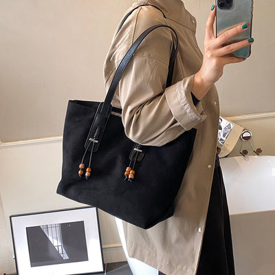 Sueded Big Size Leather Straped Beaded Tassel Casual T-o-t-e B-a-g