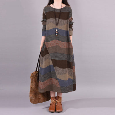 Autumn Cotton Linen Round Neck Loose Patchwork Casual A-Line Dress