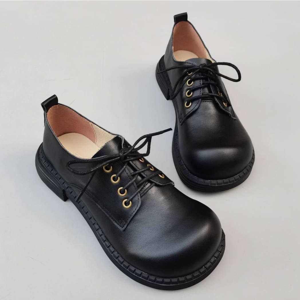 Retro Leather Round Wide Toe Comfortable Chunky Shoes