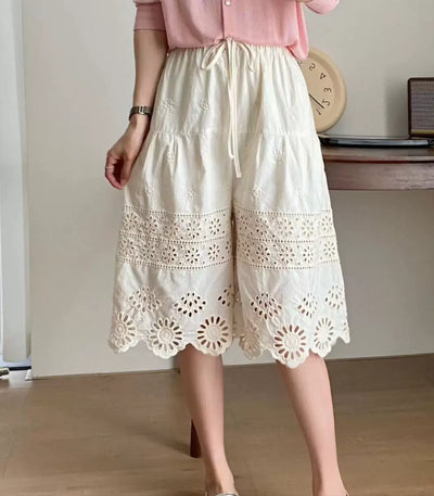 Babakud Women Hollow Flower Embroidered Cotton Pants