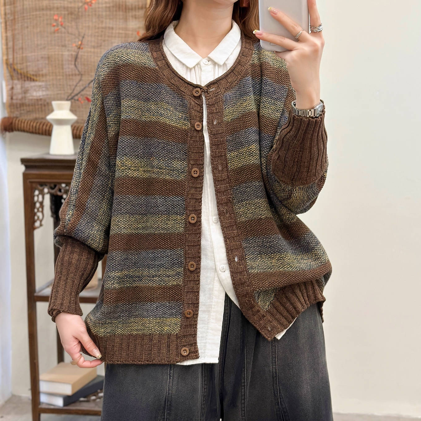 Colorful Cotton Striped Round Neck Single Breasted Cardigan
