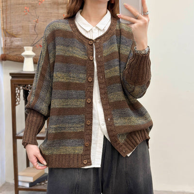 Colorful Cotton Striped Round Neck Single Breasted Cardigan