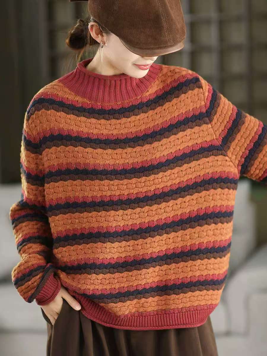 Winter Cotton Retro Striped High Neck Plus Size Sweater