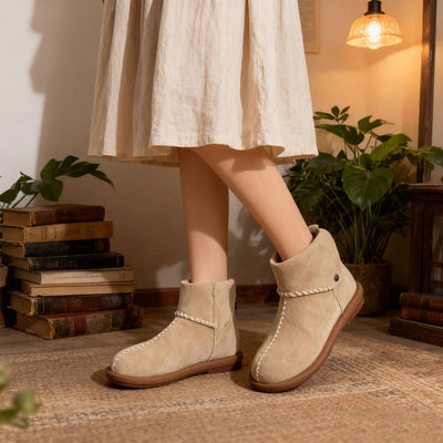 Winter Warm Leather Sueded Cuff Soft Sole Fleece-Lined Ankle Boots