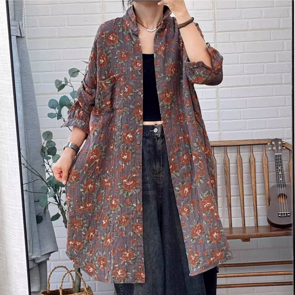 Cotton Floral Printed Plus Size Loose Long Shirt Outwear
