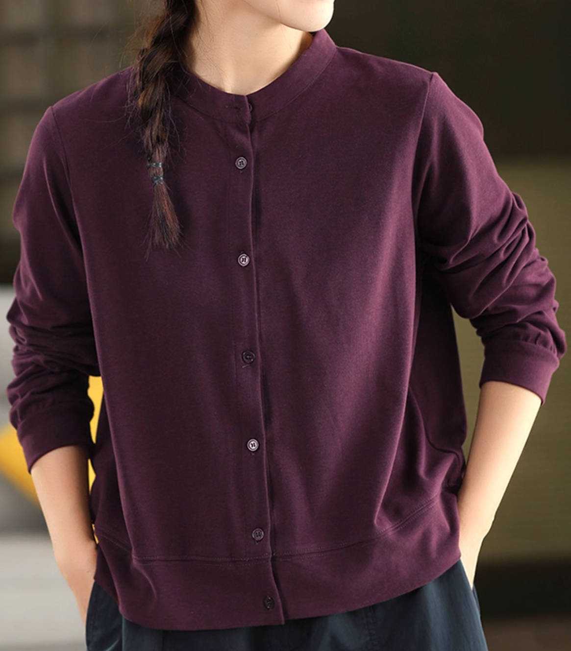 Retro 100% Cotton Round Neck Single-Breasted Shirt