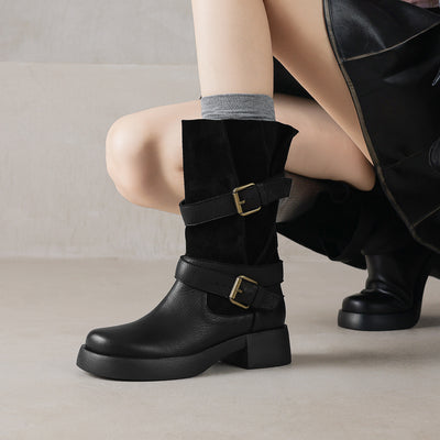 Autumn Leather Sueded Patchwork Double Buckle Slouch Boots