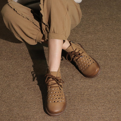 Retro Leather Hollow Breathable Closed Toe Lace-Up Boots