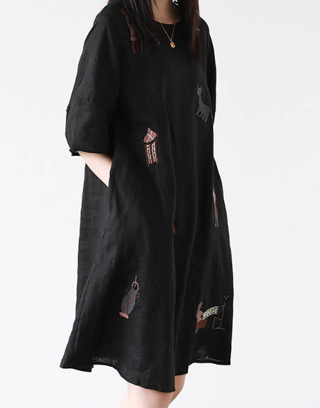 Women Casual Embroidered Linen Round Neck Loose Fit Dress  Babakud