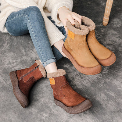 Vintage Winter Warm Leather Round Toe Zipper Plush Ankle Boots