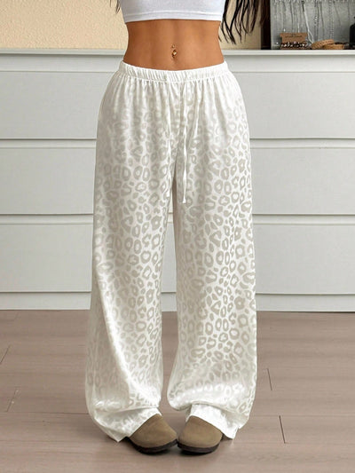 Elastic Waist Lace-Up White Leopord Satin Pants