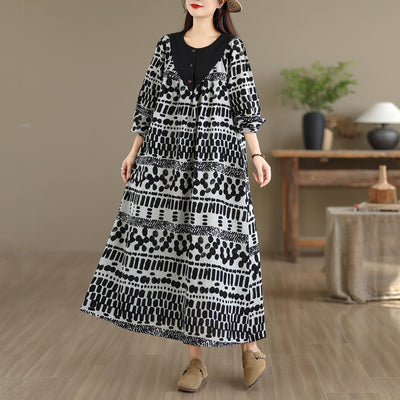 Floral Print Linen Patchwork Round Neck Elegant Loose Fit Dress