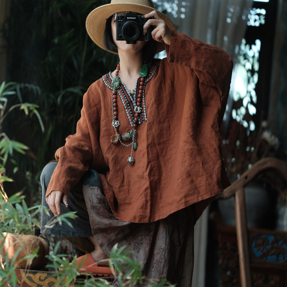 Orange Retro Linen Embroidered V-Neck Plus Size Pullover