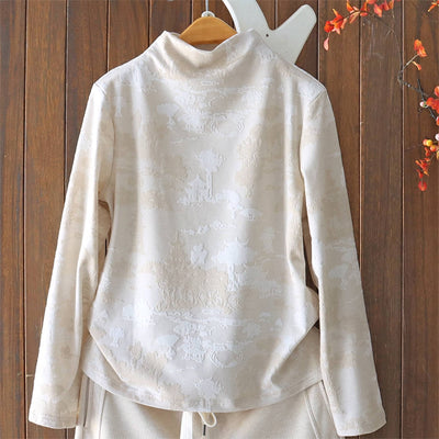 Women Cotton Jacquard High Neck Long Sleeves Plush Pullover
