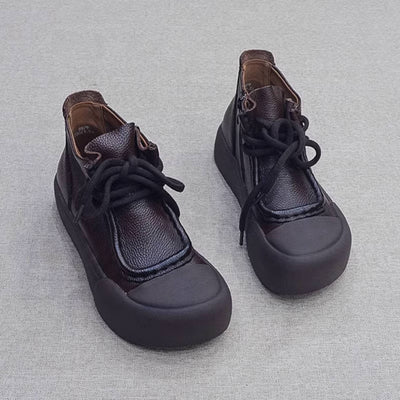 Retro Leather Patchwork Wide Toe Lace-Up Zipper Ankle Boots