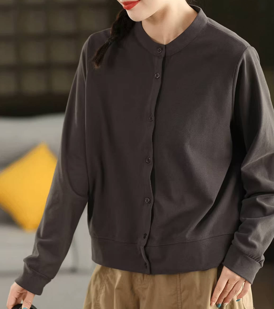 Retro 100% Cotton Round Neck Single-Breasted Shirt