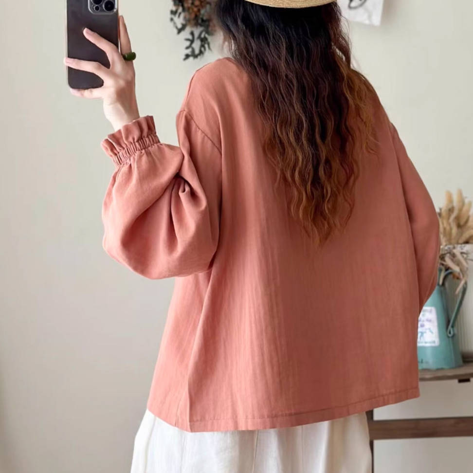 Autumn Retro Cotton Stand Collar Puff Sleeve Shirt