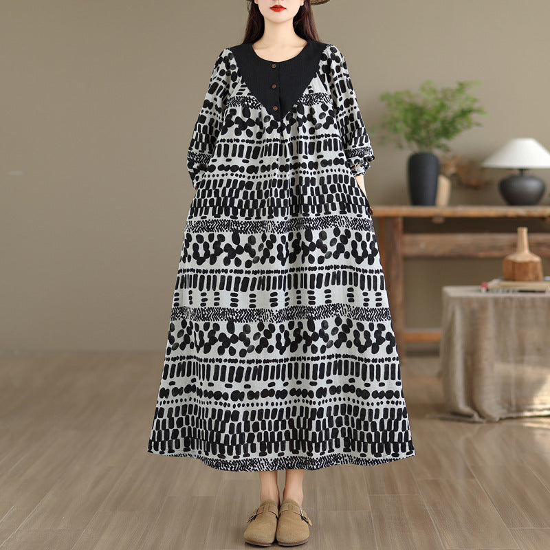 Floral Print Linen Patchwork Round Neck Elegant Loose Fit Dress
