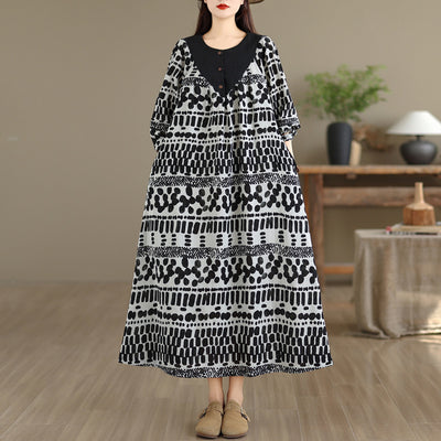 Floral Print Linen Patchwork Round Neck Elegant Loose Fit Dress