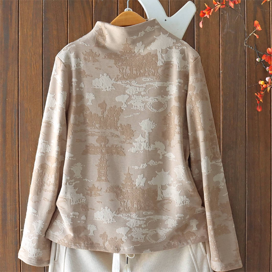 Women Cotton Jacquard High Neck Long Sleeves Plush Pullover