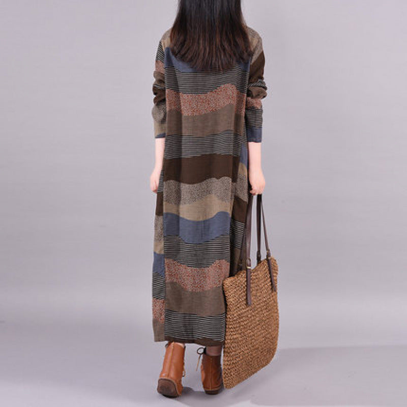 Autumn Cotton Linen Round Neck Loose Patchwork Casual A-Line Dress
