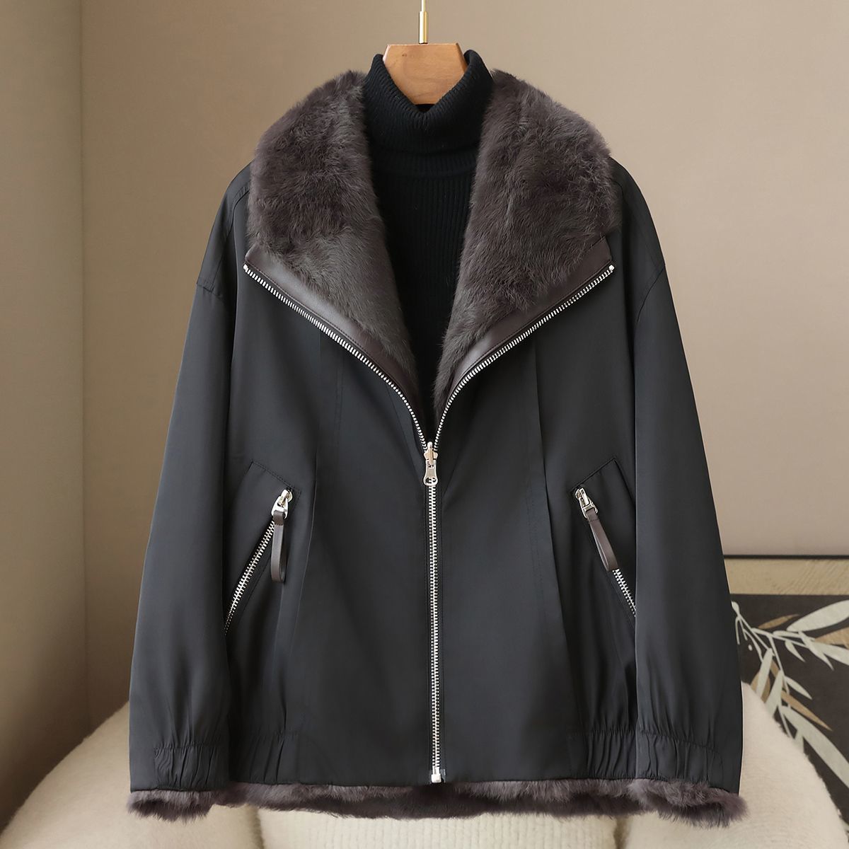 Winter Warm Simple Casual Rabbit Hair Reversible Coat
