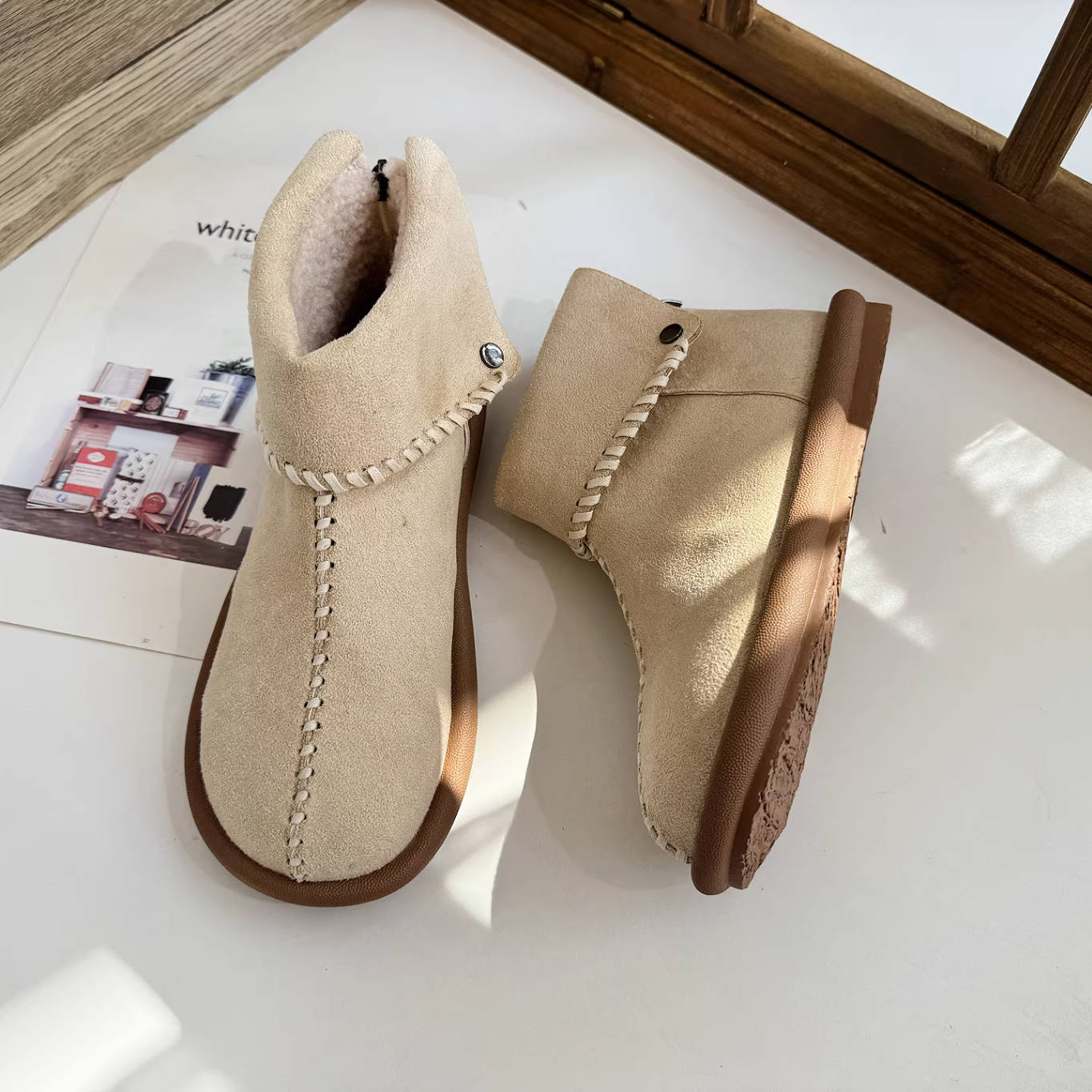 Winter Warm Leather Sueded Cuff Soft Sole Fleece-Lined Ankle Boots