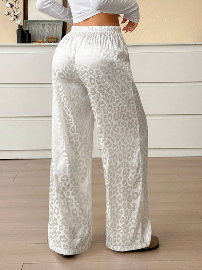 Elastic Waist Lace-Up White Leopord Satin Pants