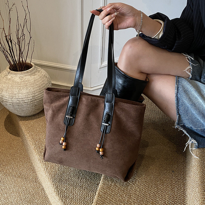 Sueded Big Size Leather Straped Beaded Tassel Casual T-o-t-e B-a-g